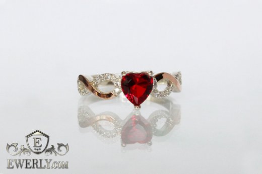 Silver ring with heart (red stone), фото
